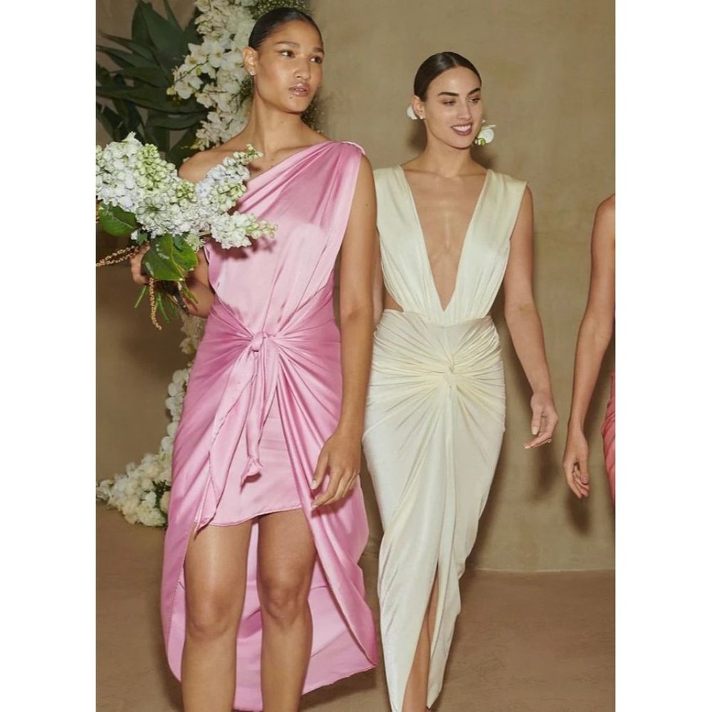 Baobab Mia Plunge V-Neck Gathered Midi Sheath Dress, NWT Ivory - Picture 4 of 16